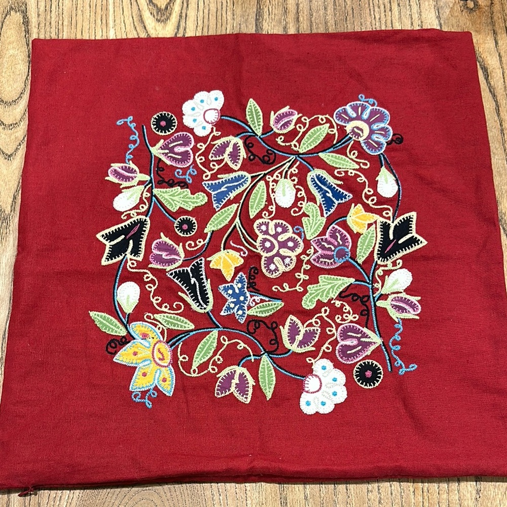 POTTERY BARN FLORAL Embroidered Red Cushion Cover